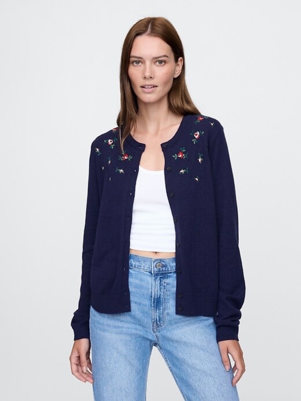 Women’s GAP CashSoft Navy Blue Floral Embroidered Cardigan Sweater XS